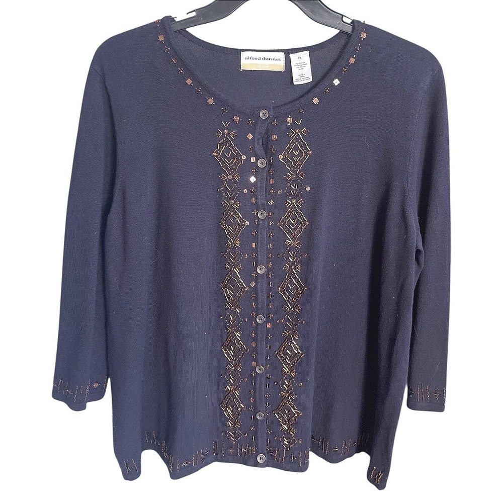 Alfred Dunner Beaded Embellished Cardigan Navy Blue Sweater 3/4 Sleeve Womens 2X